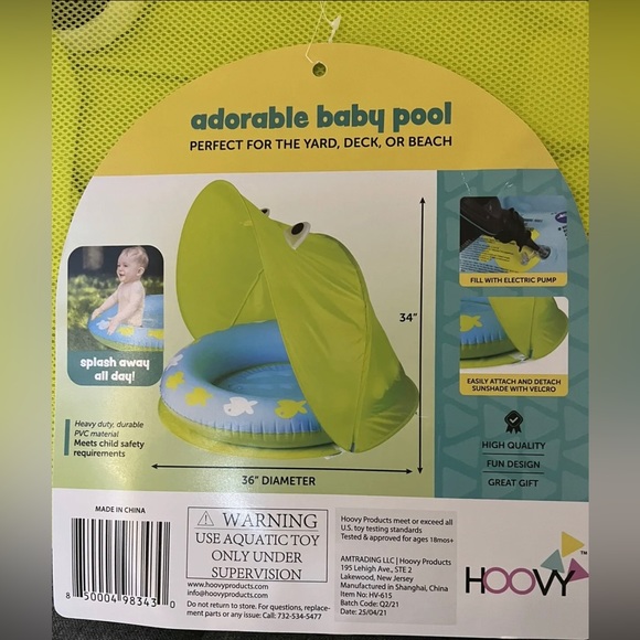 Hoovy Froggy Inflatable 36” Adorable Baby Pool W/Sun Protection Awning Brand New - Picture 3 of 4